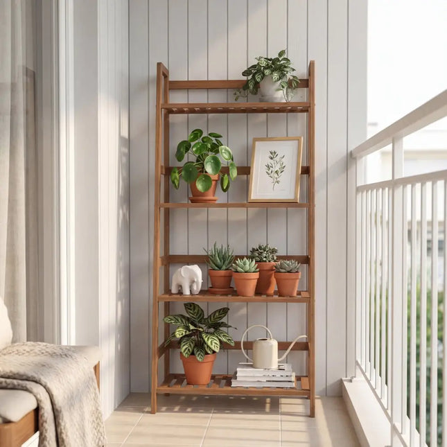 4-Tier Bamboo Plant Rack with Guardrails Stable and Space-Saving-Walnut - Walnut - Plant Stands