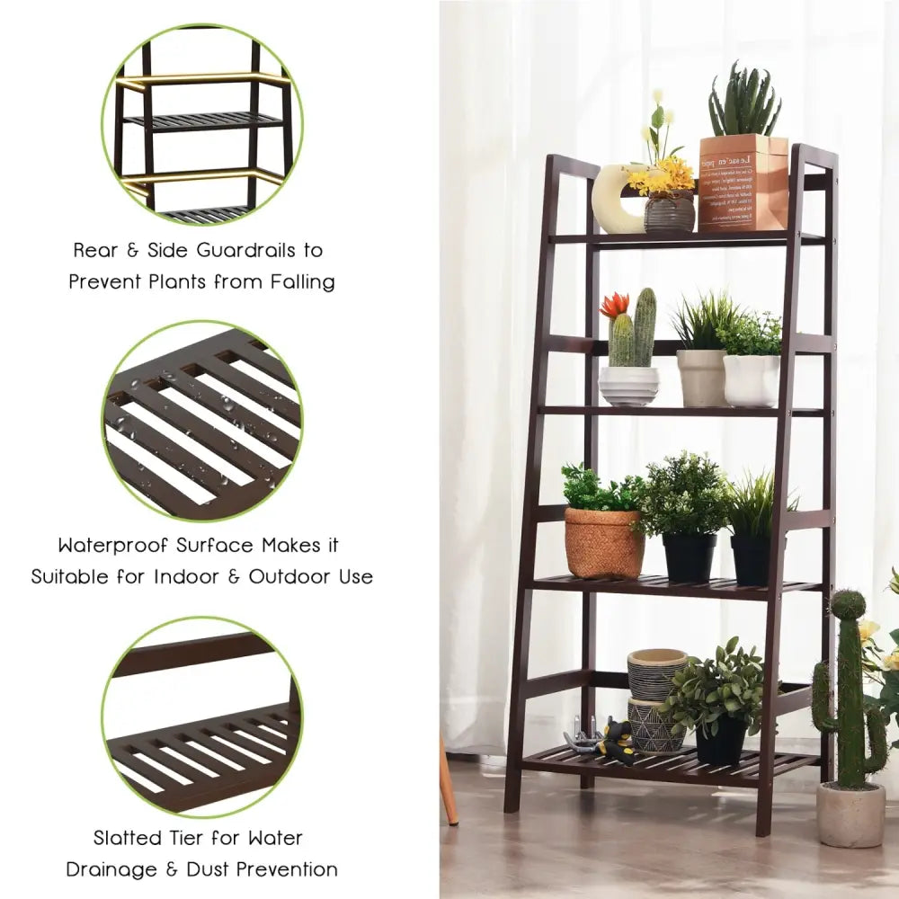 4-Tier Bamboo Plant Rack with Guardrails Stable and Space-Saving-Brown - Brown - Plant Stands