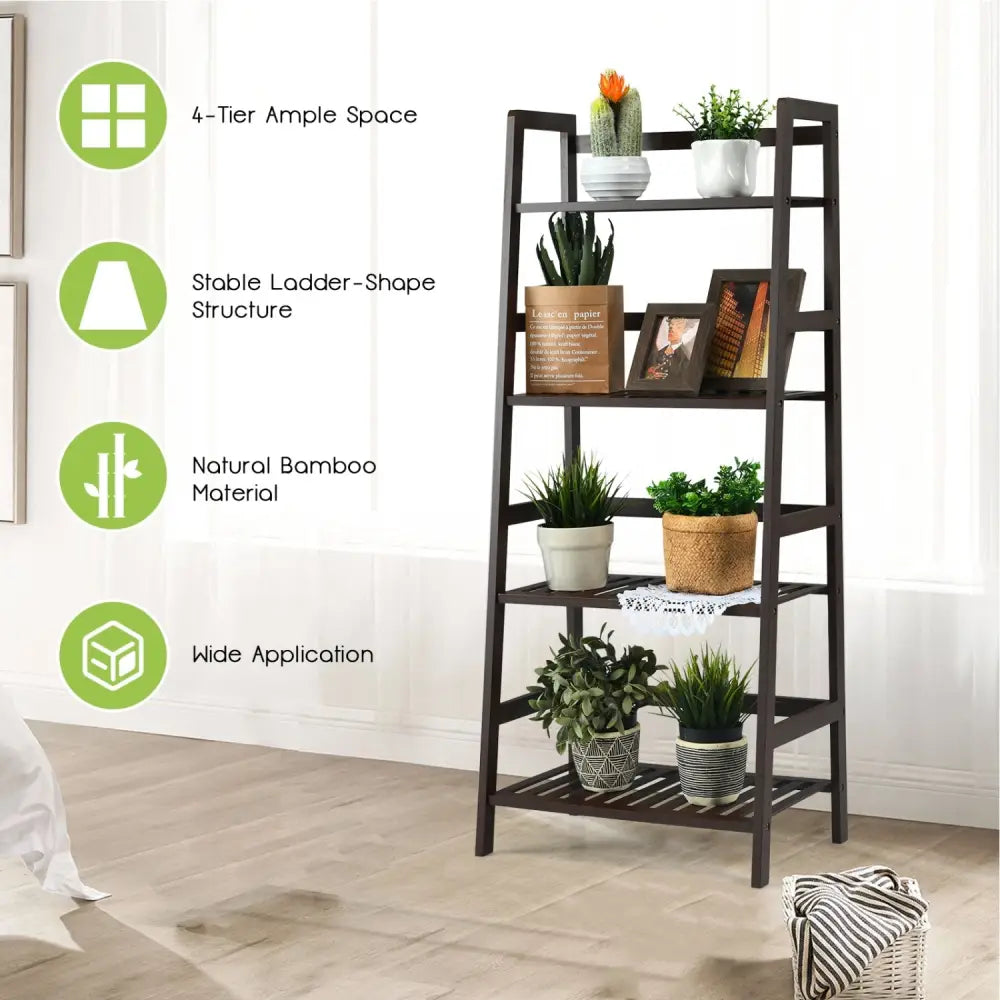 4-Tier Bamboo Plant Rack with Guardrails Stable and Space-Saving-Brown - Brown - Plant Stands