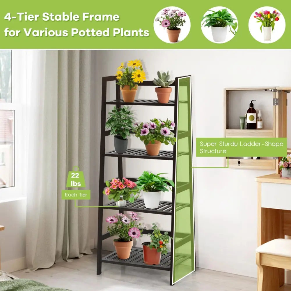 4-Tier Bamboo Plant Rack with Guardrails Stable and Space-Saving-Brown - Brown - Plant Stands