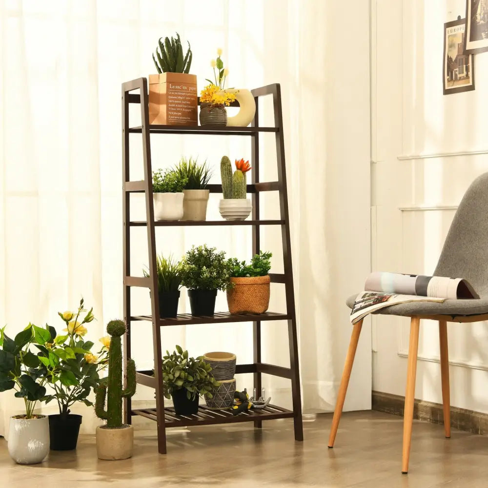4-Tier Bamboo Plant Rack with Guardrails Stable and Space-Saving-Brown - Brown - Plant Stands