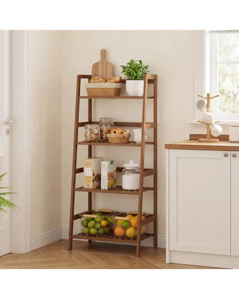 4-Tier Bamboo Plant Rack with Guardrails Stable and Space-Saving-Walnut - Walnut - Plant Stands