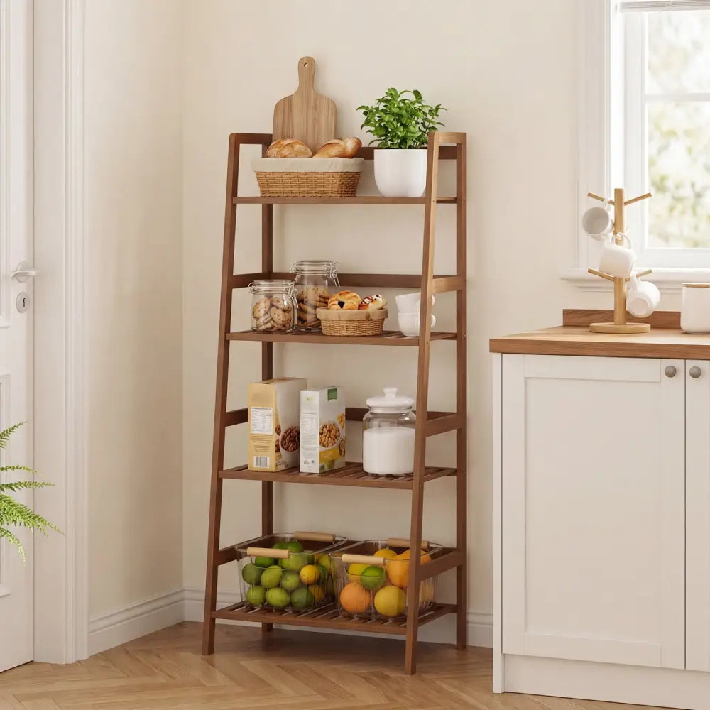 4-Tier Bamboo Plant Rack with Guardrails Stable and Space-Saving-Walnut - Walnut - Plant Stands