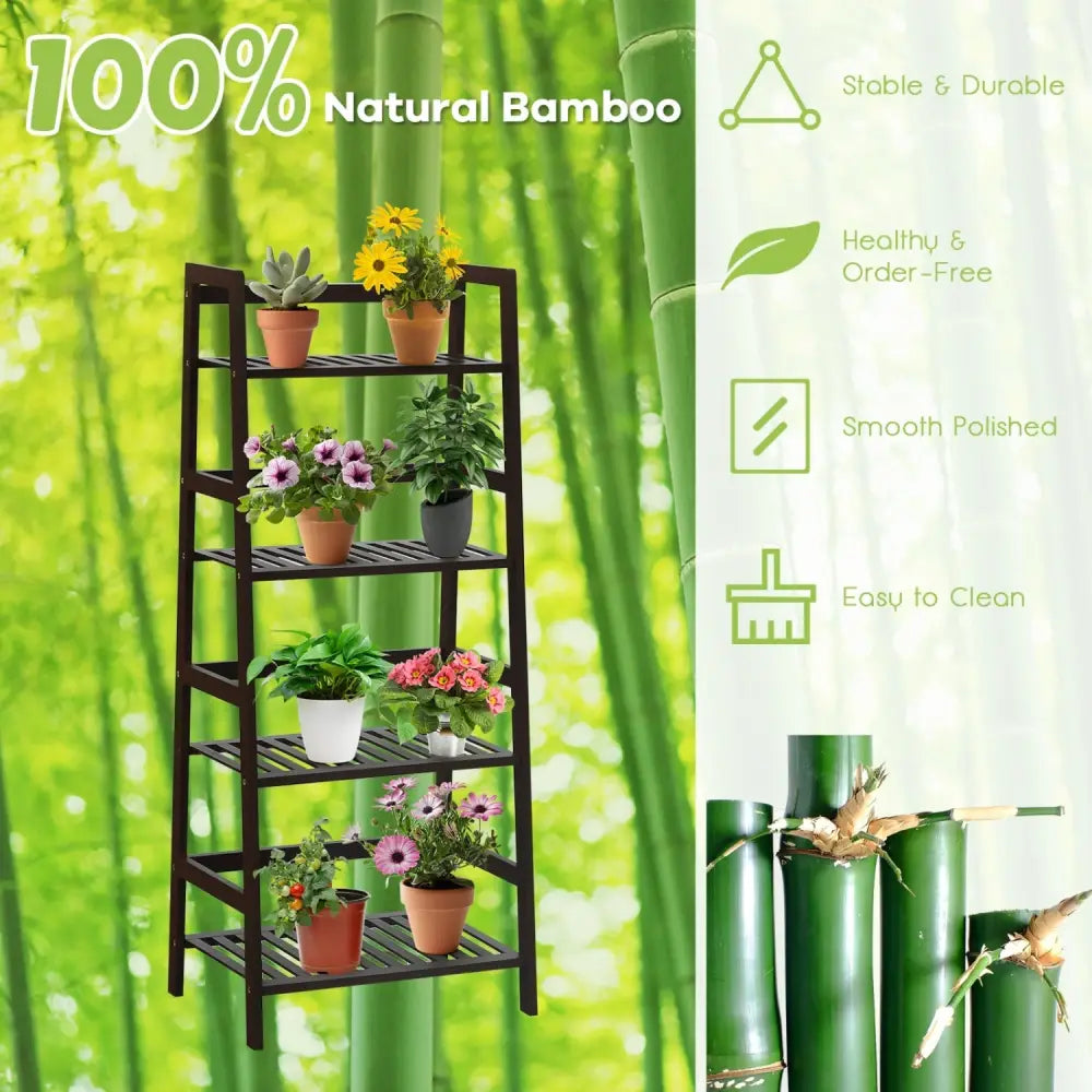 4-Tier Bamboo Plant Rack with Guardrails Stable and Space-Saving-Brown - Brown - Plant Stands