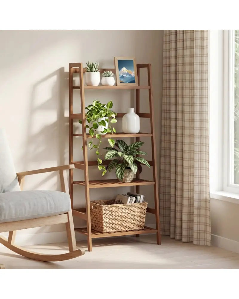 4-Tier Bamboo Plant Rack with Guardrails Stable and Space-Saving-Walnut - Walnut - Plant Stands