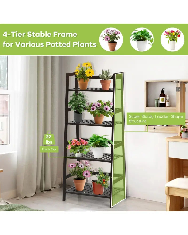 4-Tier Bamboo Plant Rack with Guardrails Stable and Space-Saving-Brown - Brown - Plant Stands