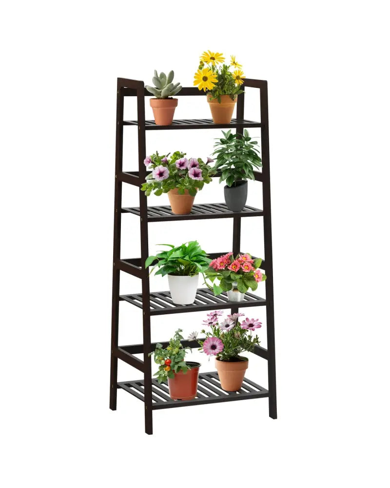 4-Tier Bamboo Plant Rack with Guardrails Stable and Space-Saving-Brown - Brown - Plant Stands