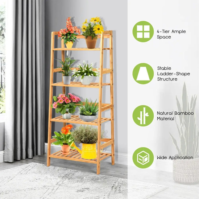 4-Tier Bamboo Plant Rack with Guardrails Stable and Space-Saving-Natural - Natural - Plant Stands
