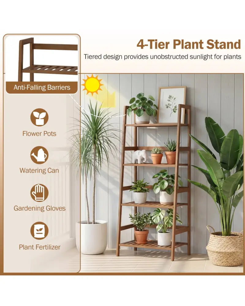 4-Tier Bamboo Plant Rack with Guardrails Stable and Space-Saving-Walnut - Walnut - Plant Stands