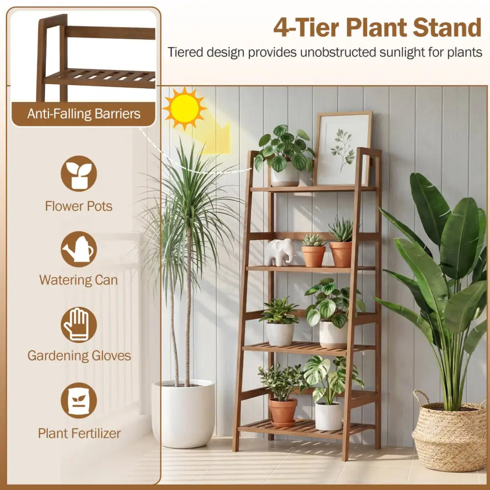 4-Tier Bamboo Plant Rack with Guardrails Stable and Space-Saving-Walnut - Walnut - Plant Stands