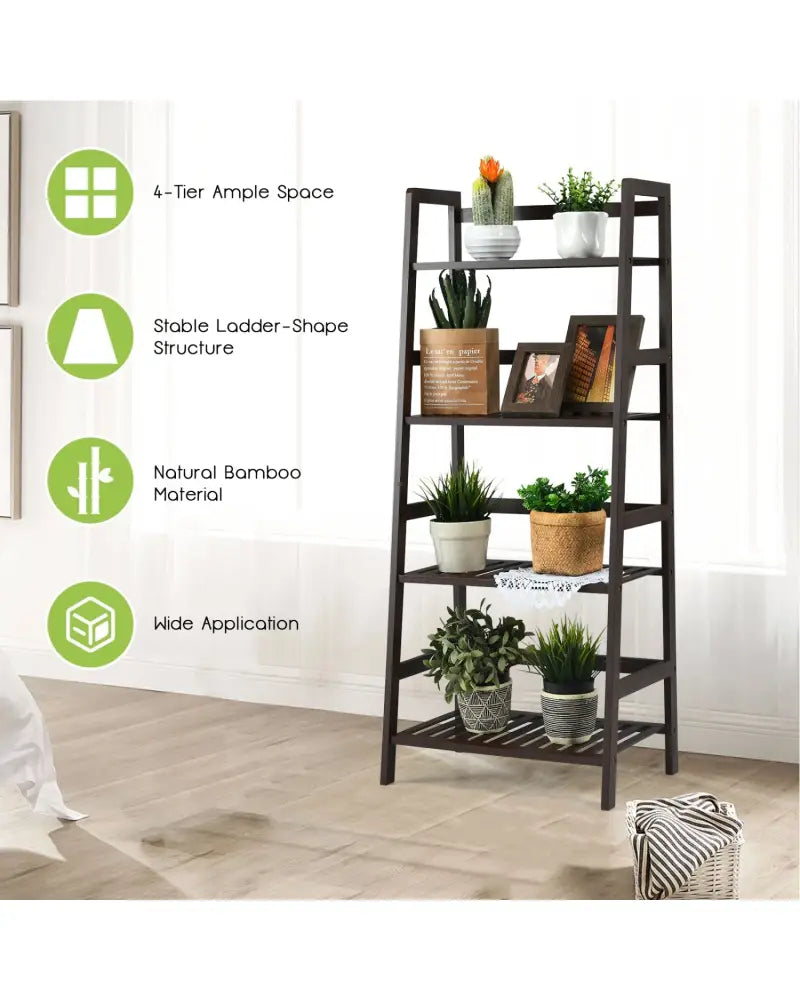 4-Tier Bamboo Plant Rack with Guardrails Stable and Space-Saving-Brown - Brown - Plant Stands