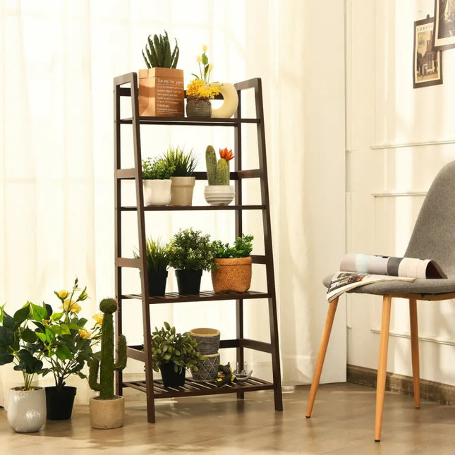 4-Tier Bamboo Plant Rack with Guardrails Stable and Space-Saving-Brown - Brown - Plant Stands