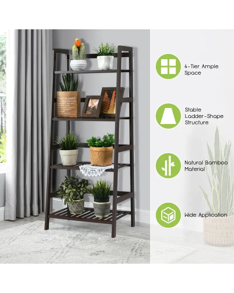 4-Tier Bamboo Plant Rack with Guardrails Stable and Space-Saving-Brown - Brown - Plant Stands