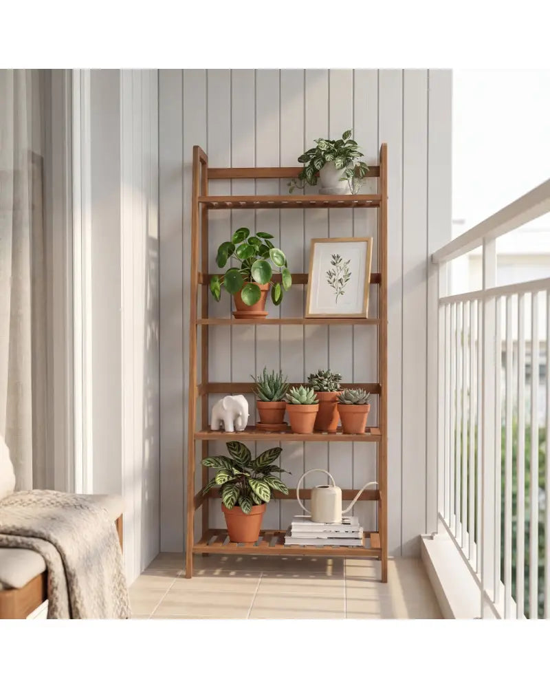 4-Tier Bamboo Plant Rack with Guardrails Stable and Space-Saving-Walnut - Walnut - Plant Stands