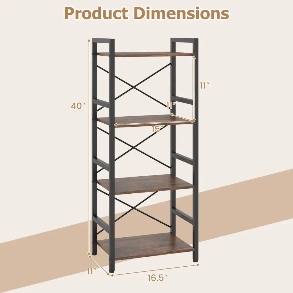 4-Tier Bookshelf Narrow Freestanding Display Shelf with Metal Frame-Rustic Brown - Rustic Brown - Bookcases