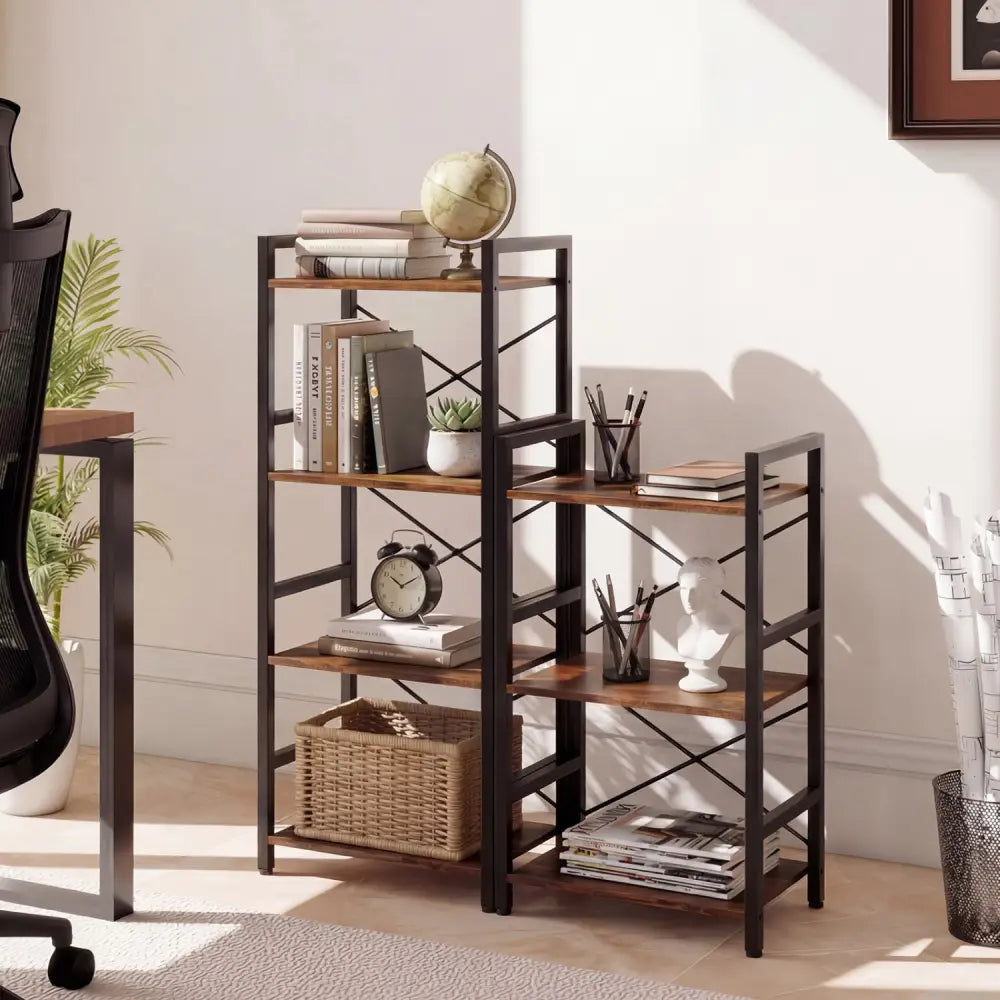 4-Tier Bookshelf Narrow Freestanding Display Shelf with Metal Frame-Rustic Brown - Rustic Brown - Bookcases