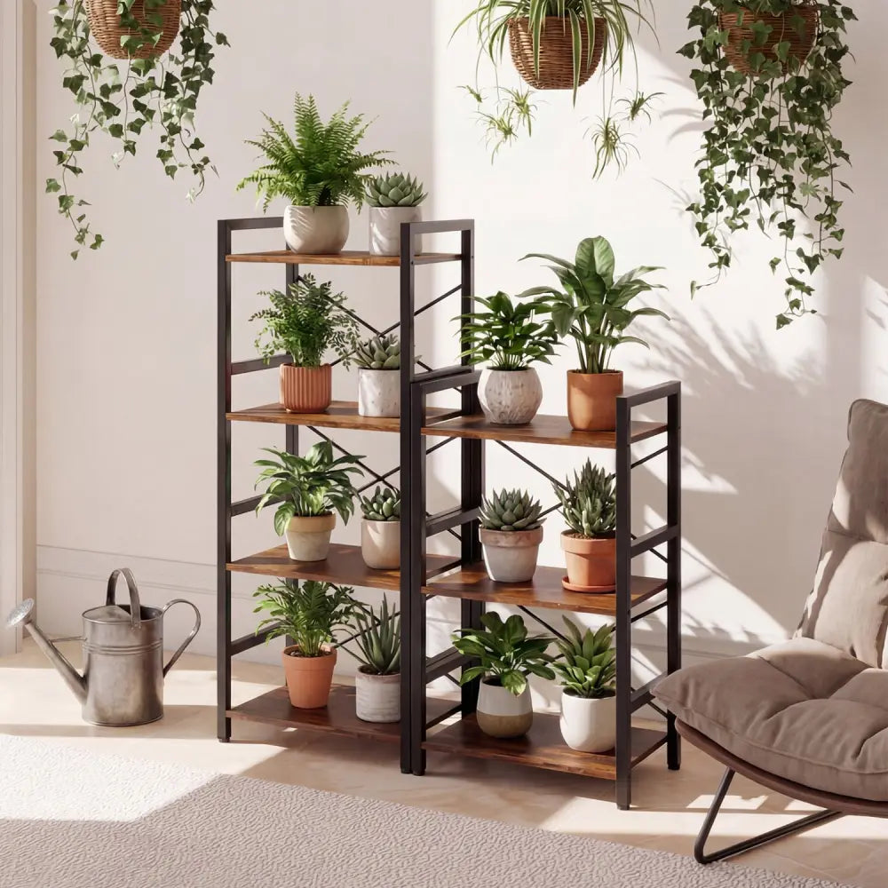 4-Tier Bookshelf Narrow Freestanding Display Shelf with Metal Frame-Rustic Brown - Rustic Brown - Bookcases