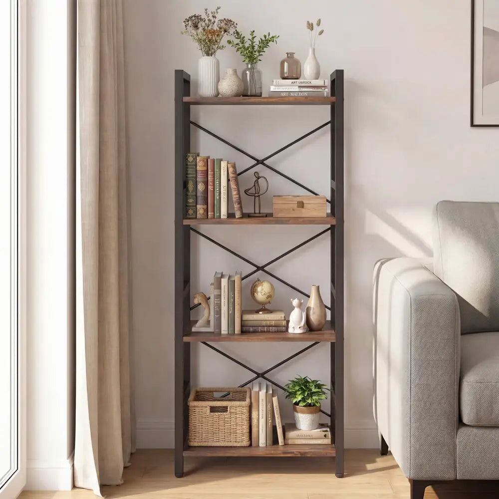 4-Tier Bookshelf Narrow Freestanding Display Shelf with Metal Frame-Rustic Brown - Rustic Brown - Bookcases
