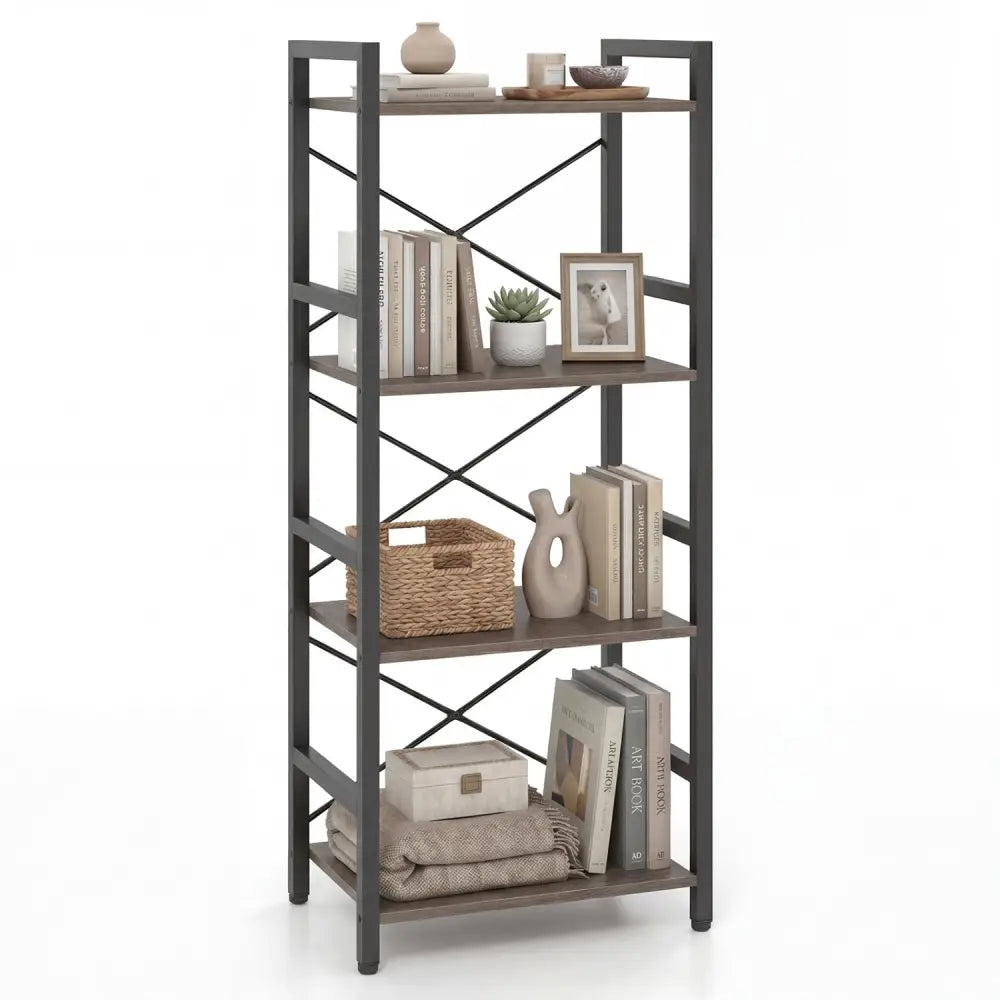 4-Tier Bookshelf Narrow Freestanding Display Shelf with Metal Frame-Oak - Oak - Bookcases
