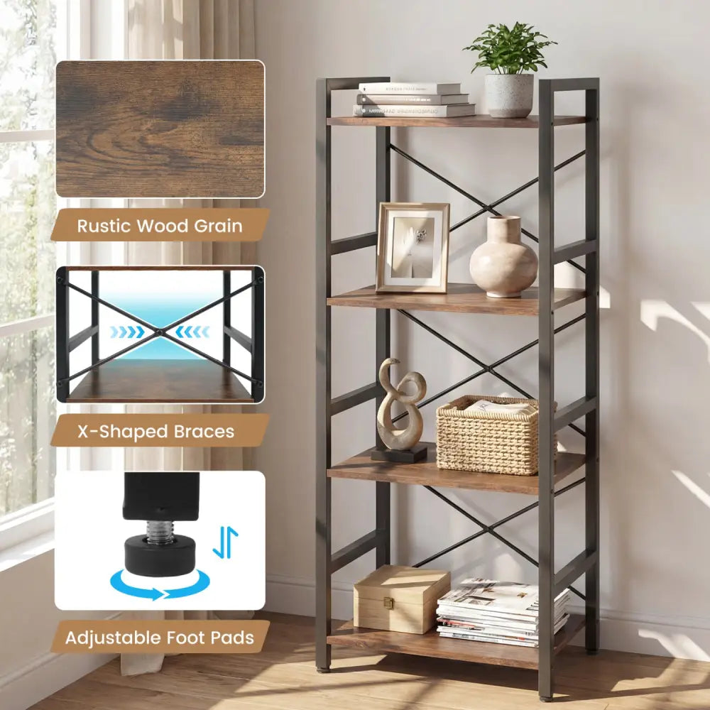 4-Tier Bookshelf Narrow Freestanding Display Shelf with Metal Frame-Rustic Brown - Rustic Brown - Bookcases