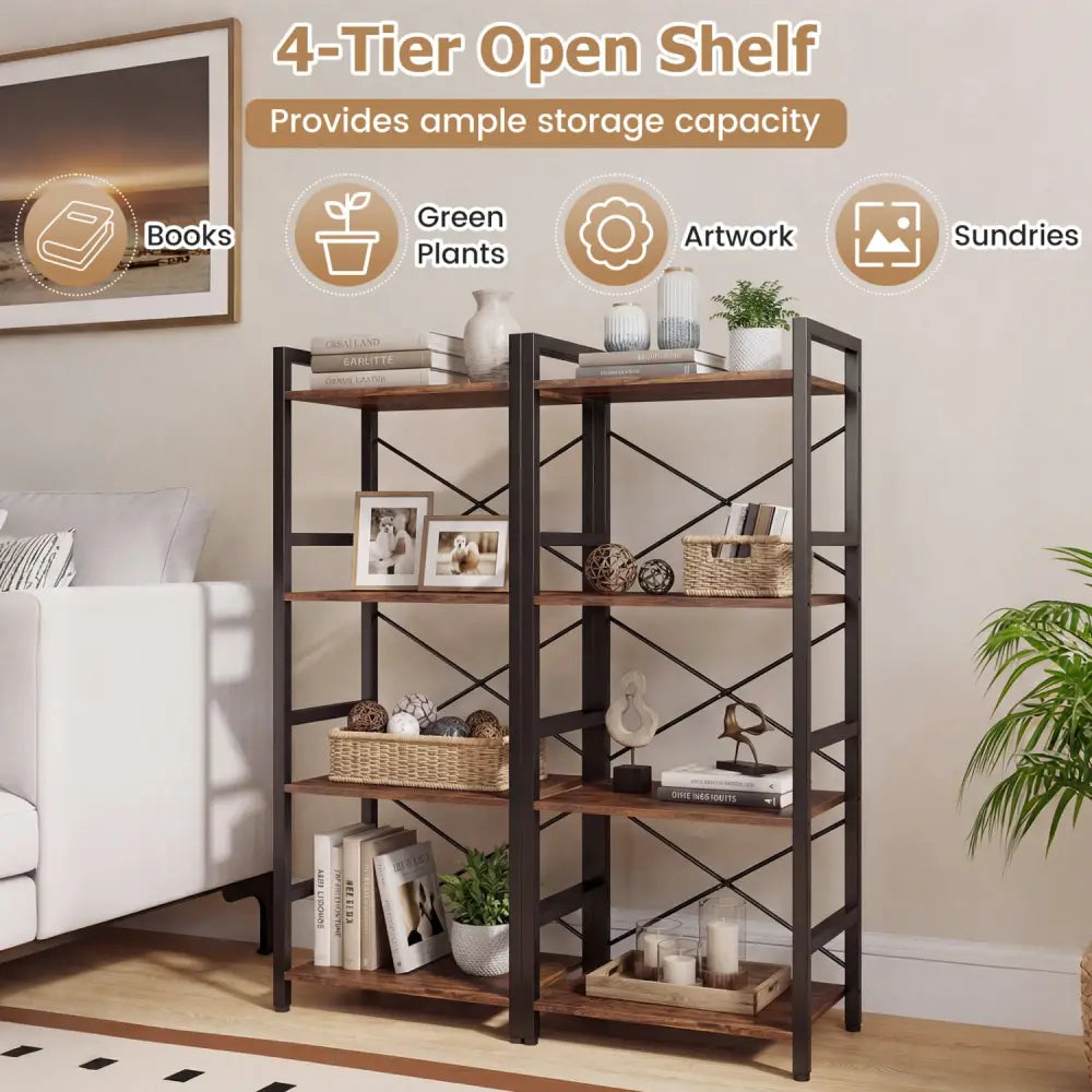 4-Tier Bookshelf Narrow Freestanding Display Shelf with Metal Frame-Rustic Brown - Rustic Brown - Bookcases