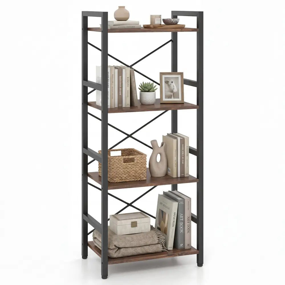 4-Tier Bookshelf Narrow Freestanding Display Shelf with Metal Frame-Rustic Brown - Rustic Brown - Bookcases