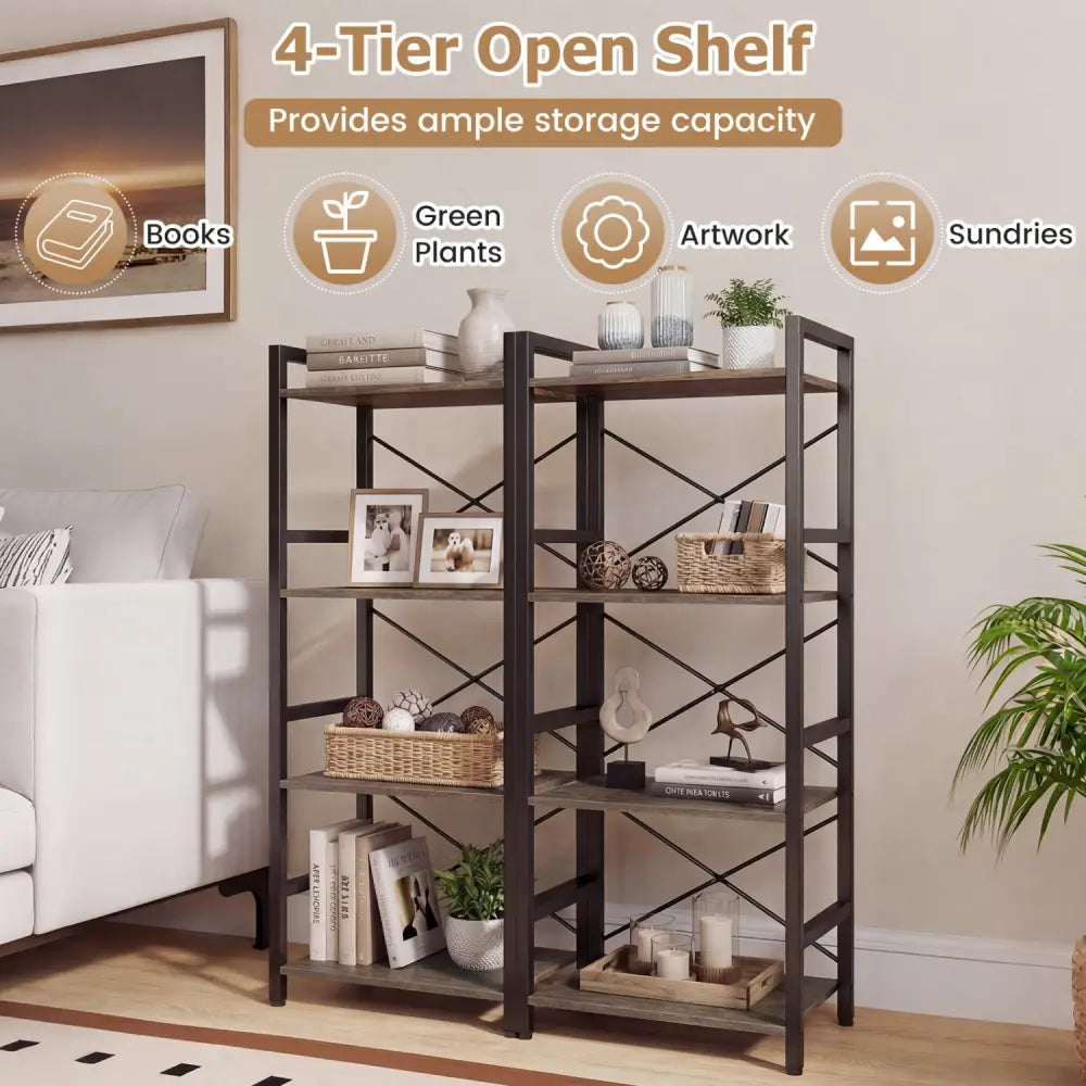 4-Tier Bookshelf Narrow Freestanding Display Shelf with Metal Frame-Oak - Oak - Bookcases
