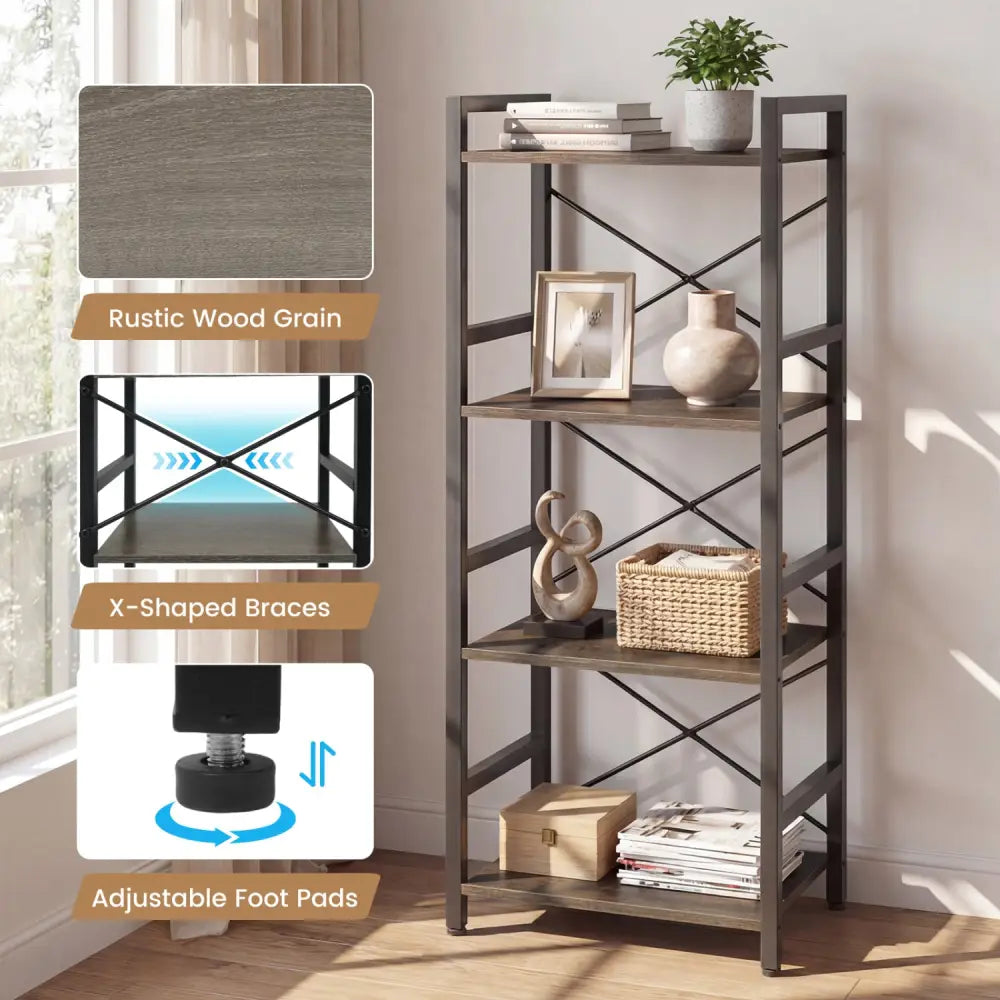 4-Tier Bookshelf Narrow Freestanding Display Shelf with Metal Frame-Oak - Oak - Bookcases