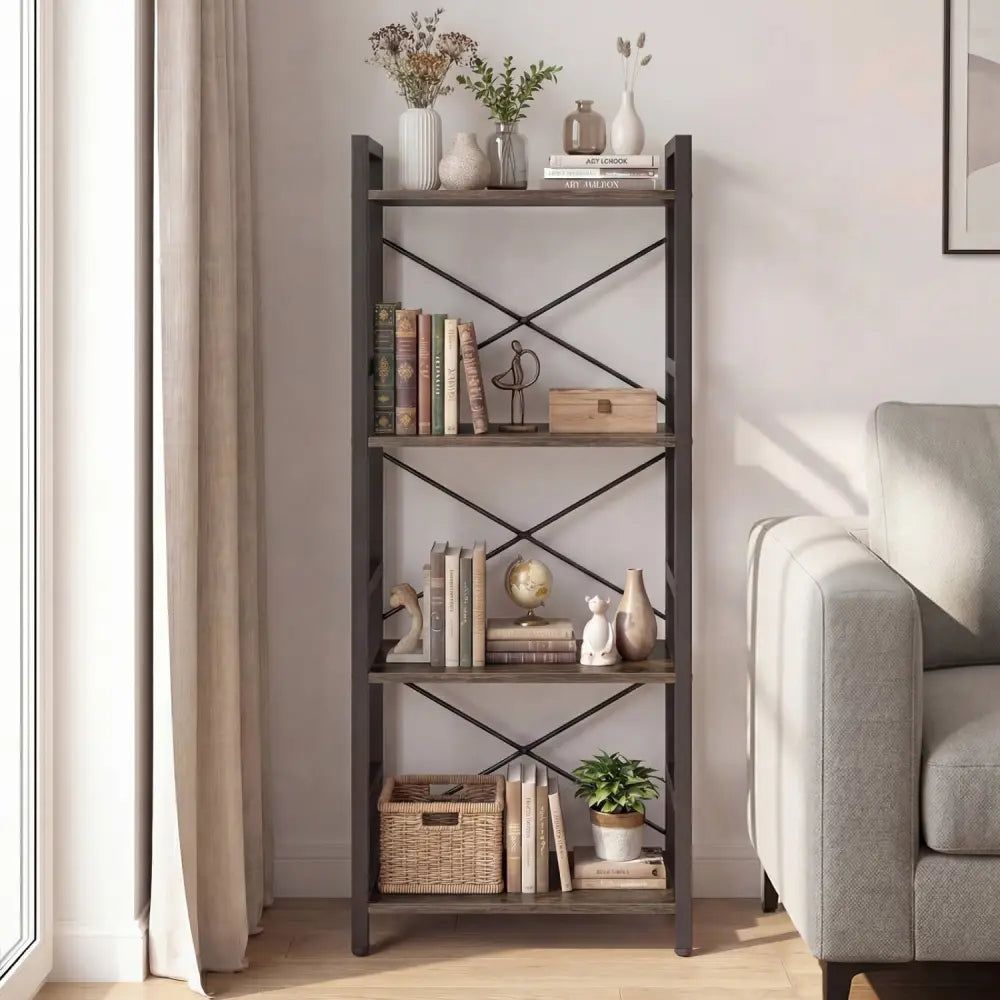 4-Tier Bookshelf Narrow Freestanding Display Shelf with Metal Frame-Oak - Oak - Bookcases