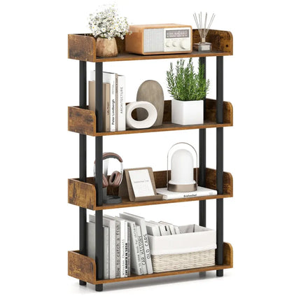 4-Tier Bookshelf Open Bookcase with Anti-Tipping Kit Industrial Storage Unit-Rustic Brown Costway