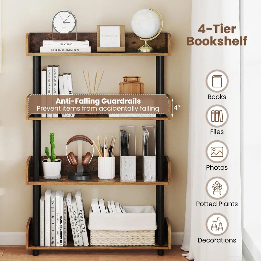 4-Tier Bookshelf Open Bookcase with Anti-Tipping Kit Industrial Storage Unit-Rustic Brown - Rustic Brown - Bookcases