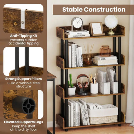 4-Tier Bookshelf Open Bookcase with Anti-Tipping Kit Industrial Storage Unit-Rustic Brown Costway