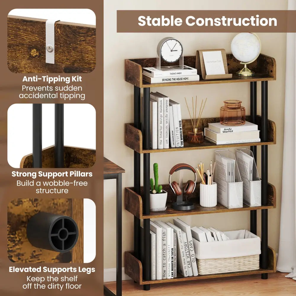4-Tier Bookshelf Open Bookcase with Anti-Tipping Kit Industrial Storage Unit-Rustic Brown - Rustic Brown - Bookcases