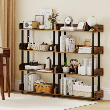 4-Tier Bookshelf Open Bookcase with Anti-Tipping Kit Industrial Storage Unit-Rustic Brown Costway