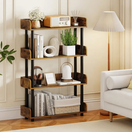 4-Tier Bookshelf Open Bookcase with Anti-Tipping Kit Industrial Storage Unit-Rustic Brown Costway