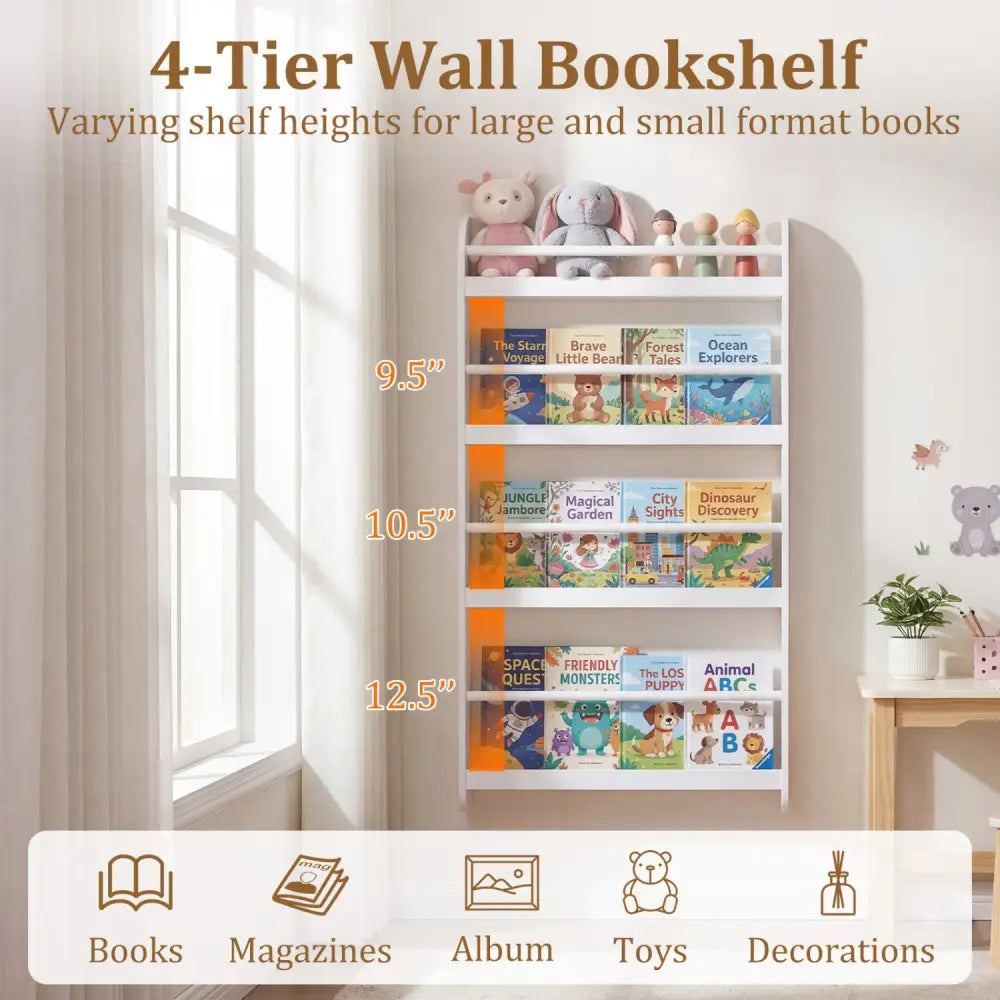 4-Tier Bookshelf Organizer for Toys and Books with Basswood Crossbar-White - White - Bookcases
