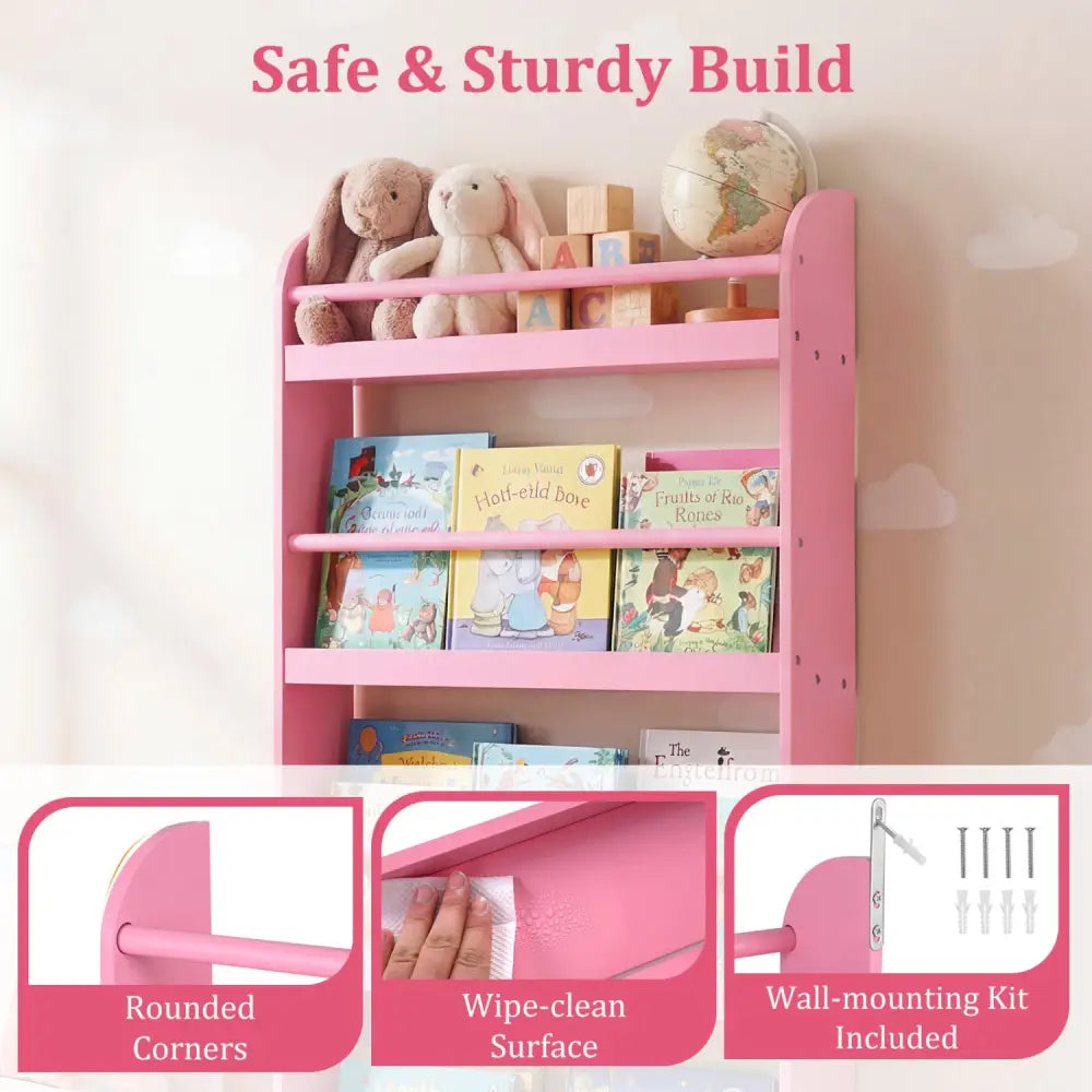 4-Tier Bookshelf Organizer for Toys and Books with Basswood Crossbar-Pink - Pink - Bookcases
