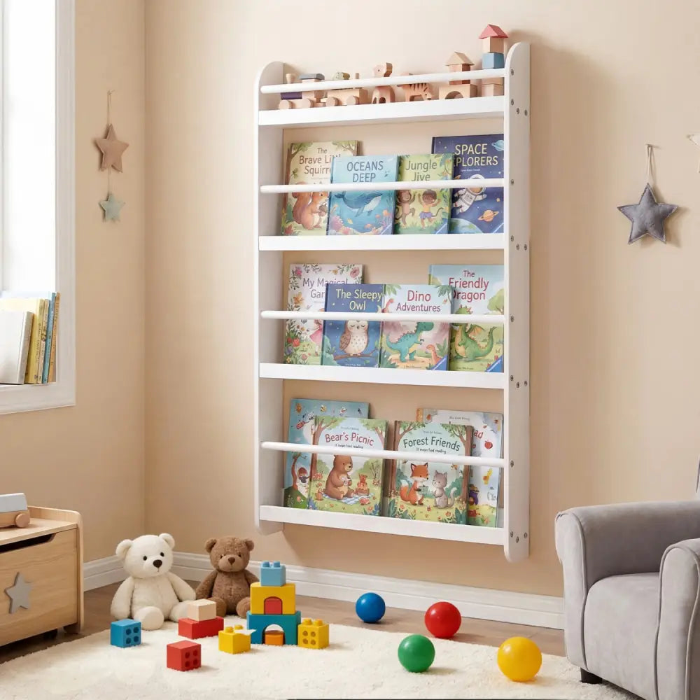 4-Tier Bookshelf Organizer for Toys and Books with Basswood Crossbar-White - White - Bookcases