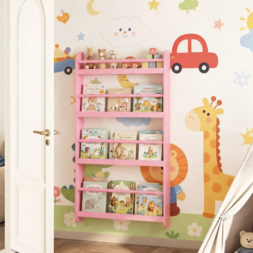 4-Tier Bookshelf Organizer for Toys and Books with Basswood Crossbar-Pink - Pink - Bookcases