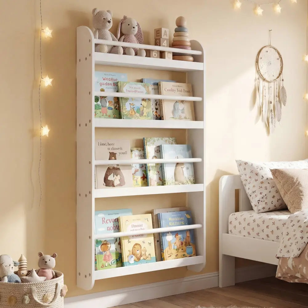 4-Tier Bookshelf Organizer for Toys and Books with Basswood Crossbar-White - White - Bookcases