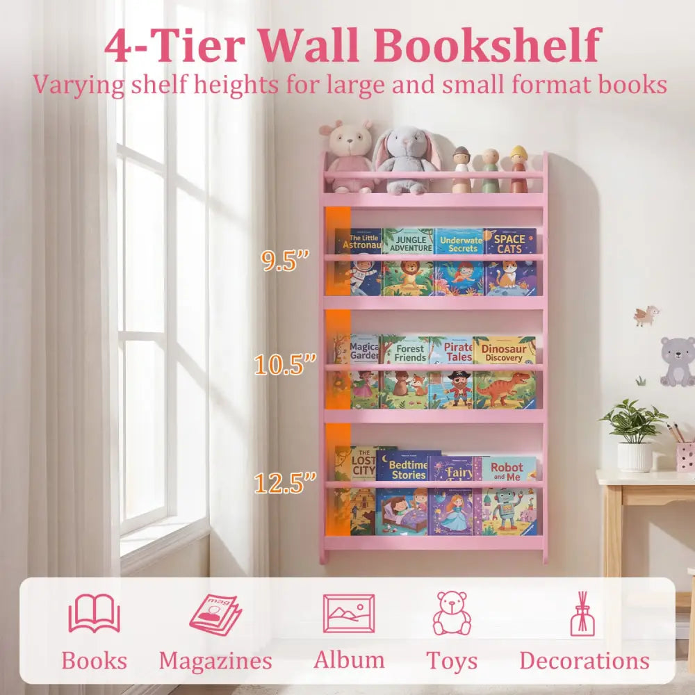 4-Tier Bookshelf Organizer for Toys and Books with Basswood Crossbar-Pink - Pink - Bookcases