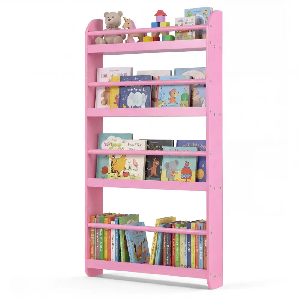 4-Tier Bookshelf Organizer for Toys and Books with Basswood Crossbar-Pink - Pink - Bookcases