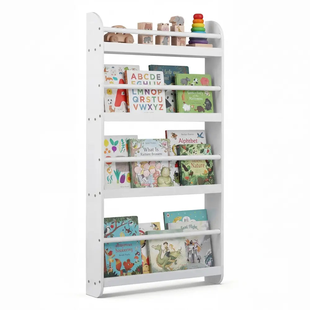 4-Tier Bookshelf Organizer for Toys and Books with Basswood Crossbar-White - White - Bookcases