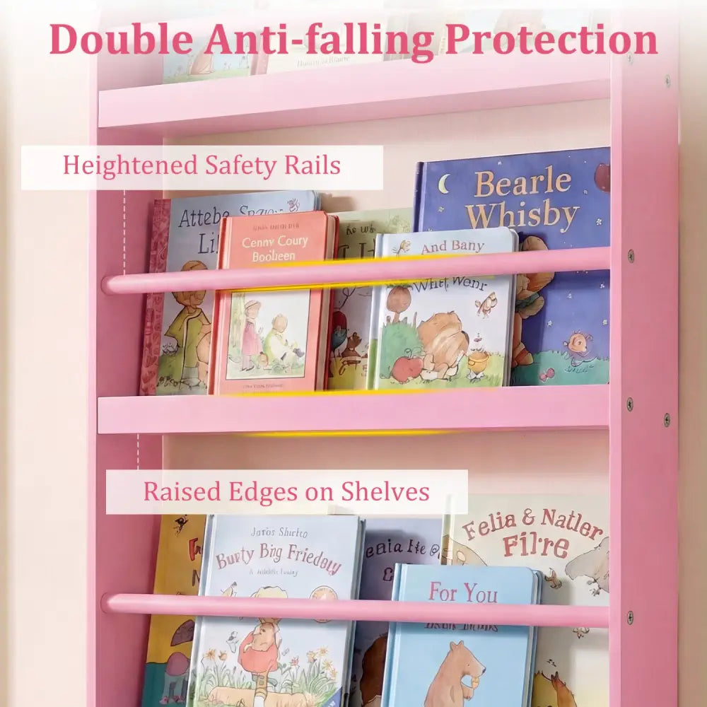 4-Tier Bookshelf Organizer for Toys and Books with Basswood Crossbar-Pink - Pink - Bookcases