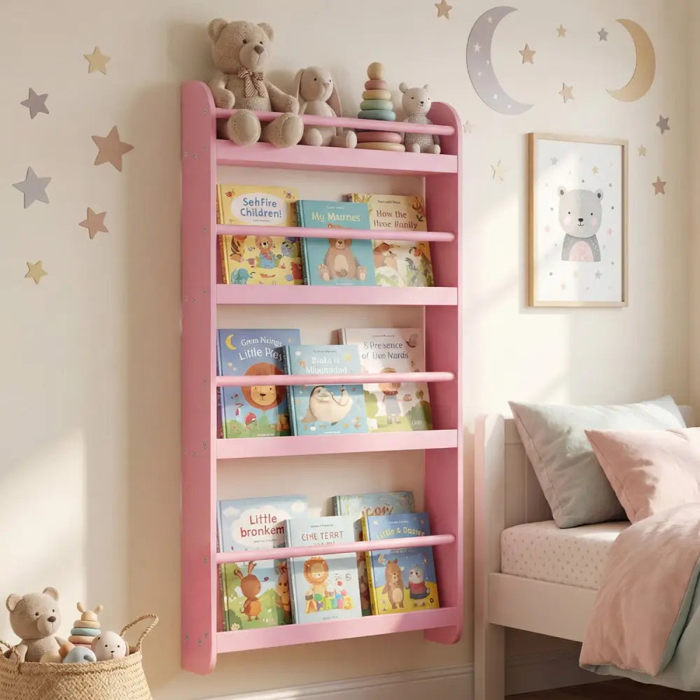 4-Tier Bookshelf Organizer for Toys and Books with Basswood Crossbar-Pink - Pink - Bookcases