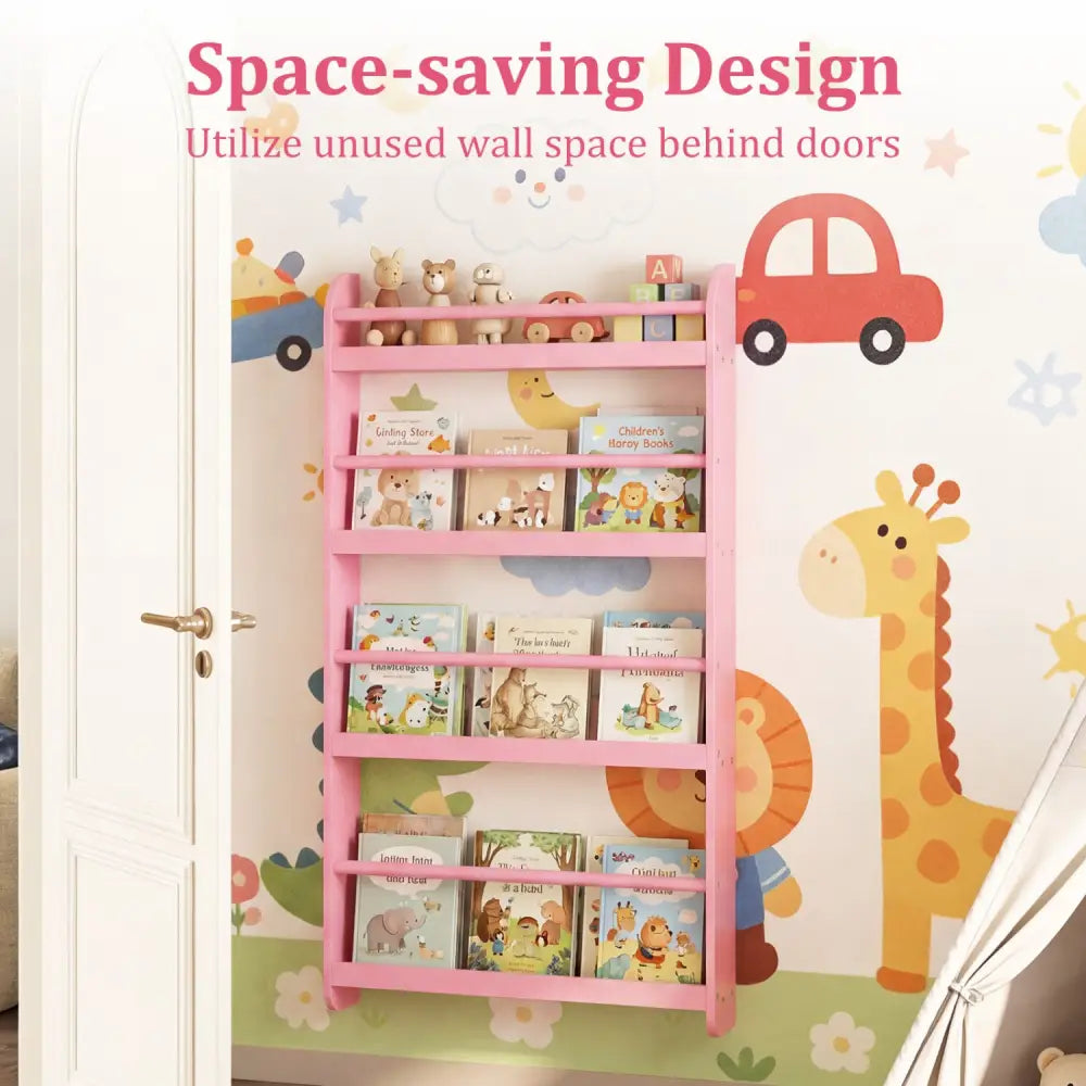 4-Tier Bookshelf Organizer for Toys and Books with Basswood Crossbar-Pink - Pink - Bookcases