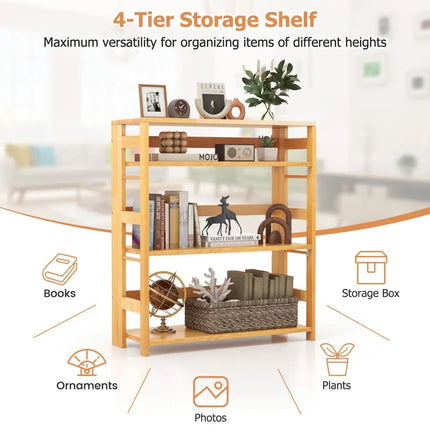 4-Tier Bookshelf Rubber Wood Bookcase with Side Fences for Living Room-29.5 inches Costway