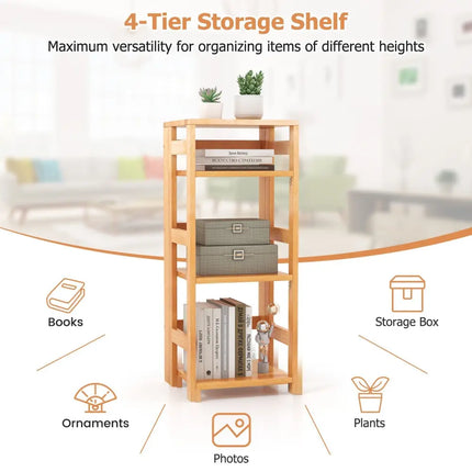 4-Tier Bookshelf Rubber Wood Bookcase with Side Fences for Living Room-14 inches Costway