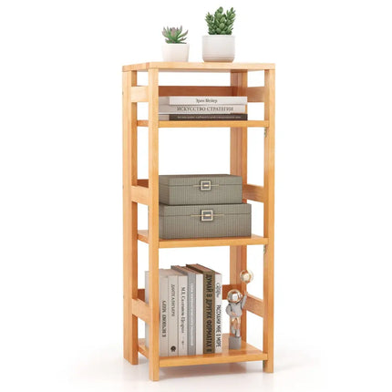 4-Tier Bookshelf Rubber Wood Bookcase with Side Fences for Living Room-14 inches Costway