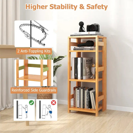4-Tier Bookshelf Rubber Wood Bookcase with Side Fences for Living Room-14 inches Costway